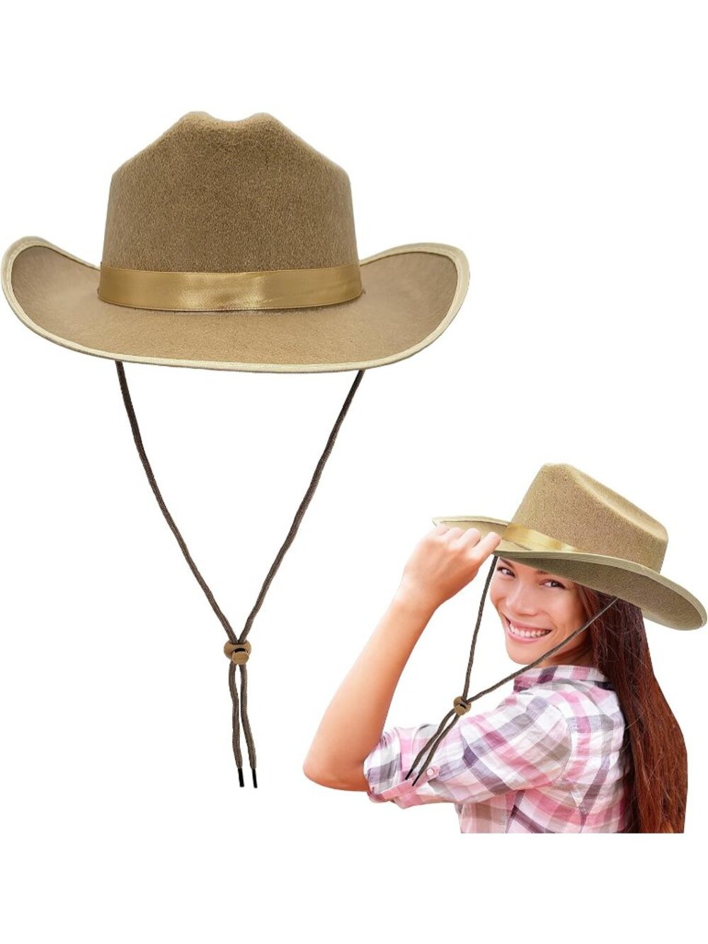 Kids Tan Fabric Felt Costume Strap Western Cowboy Hat 22 Circumference